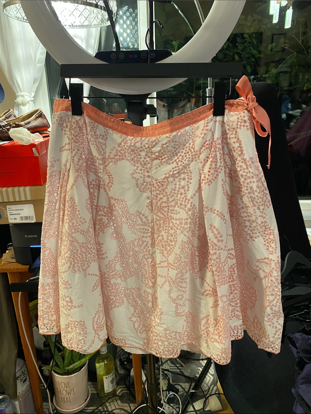 New York & Company White Skirt with Peach Floral Print - Circle Skater